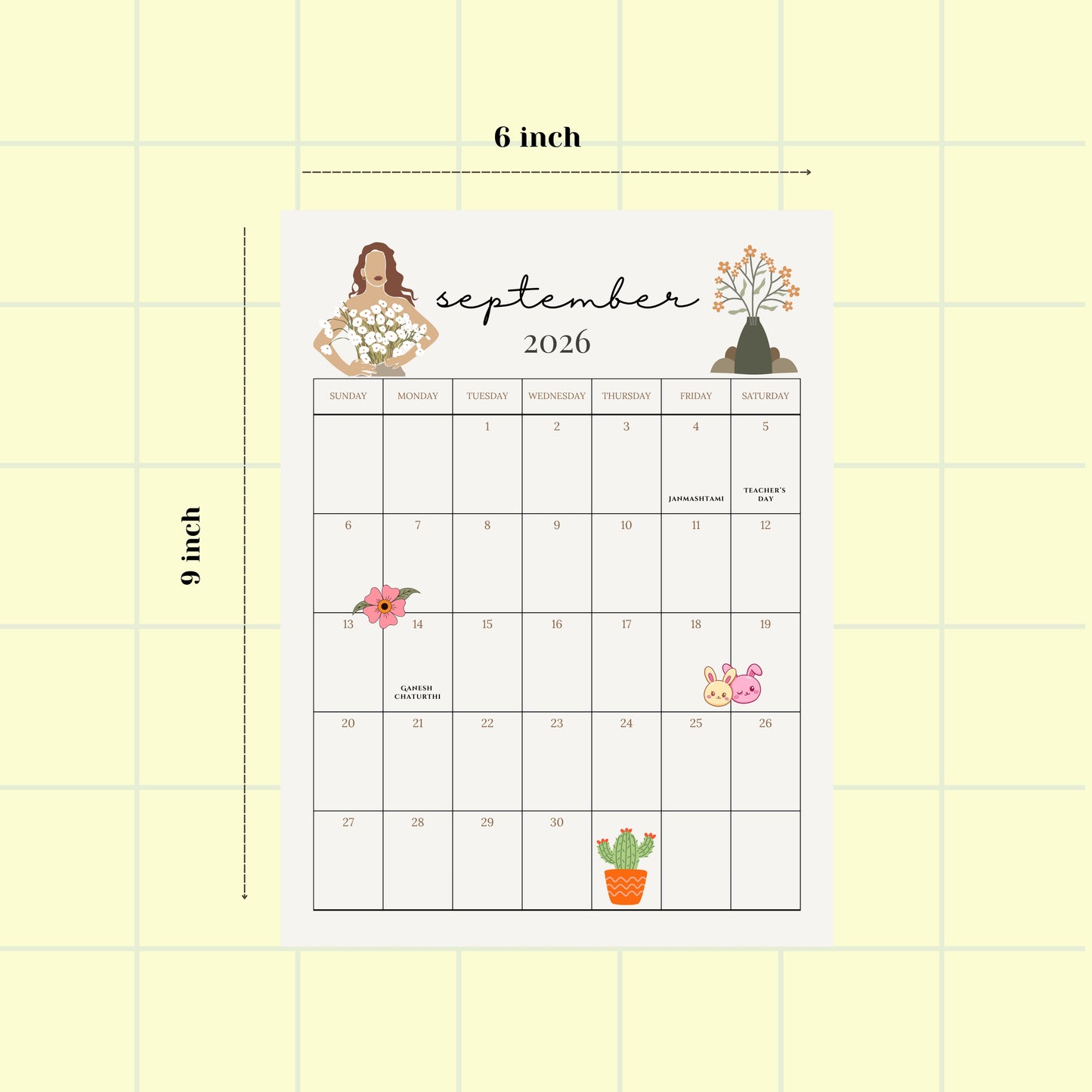 Boho Illustration Desk Calendar 2026 - 6x8 inches