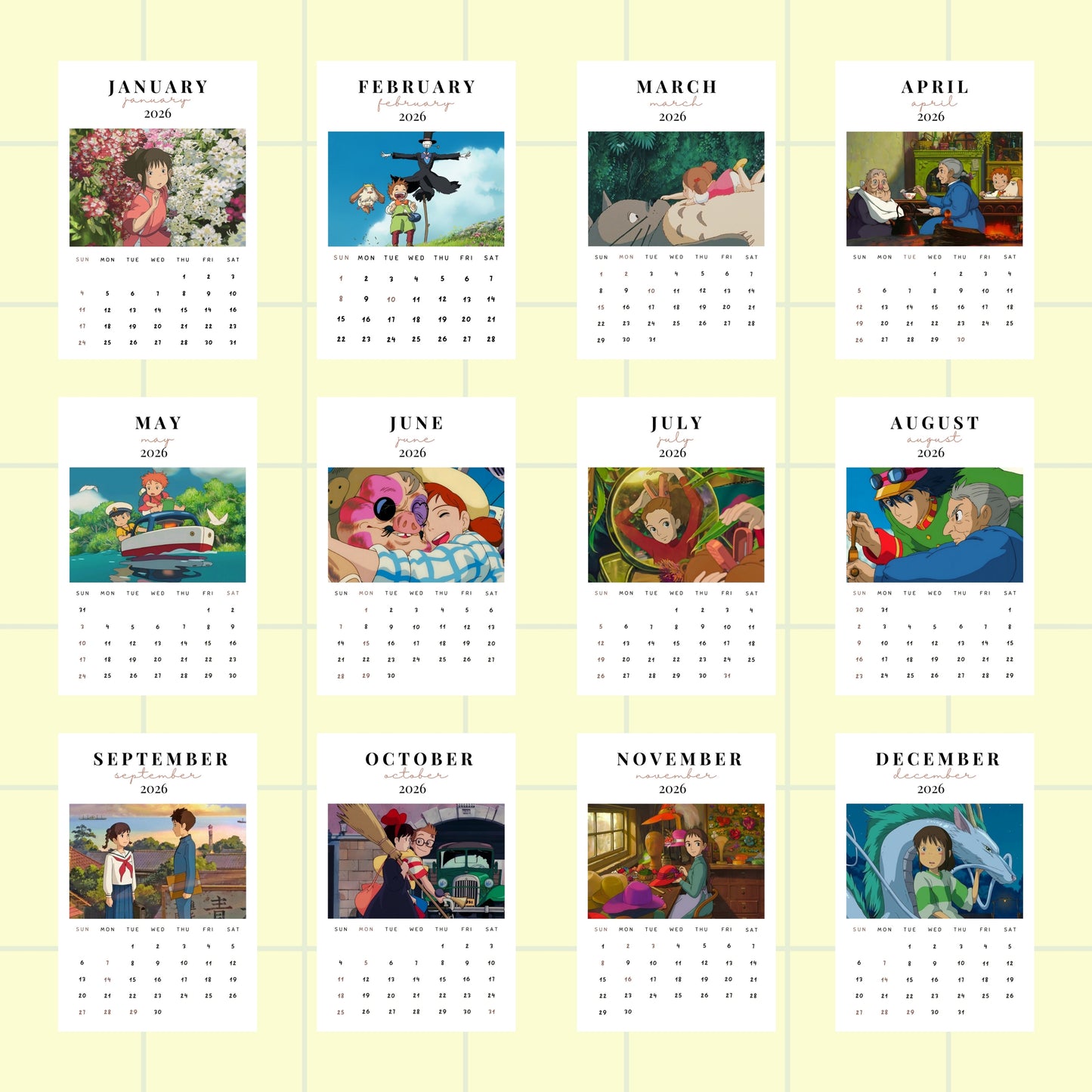 Studio Ghibli 2026 Calendar Posters - 4x6 inches