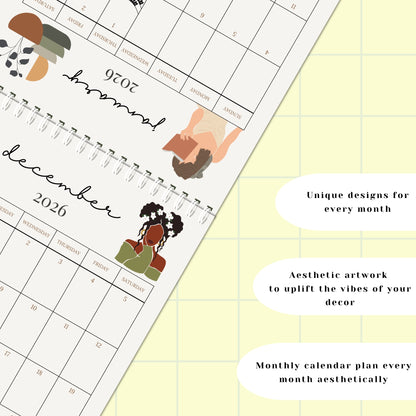 Boho Illustration Desk Calendar 2026 - 6x8 inches